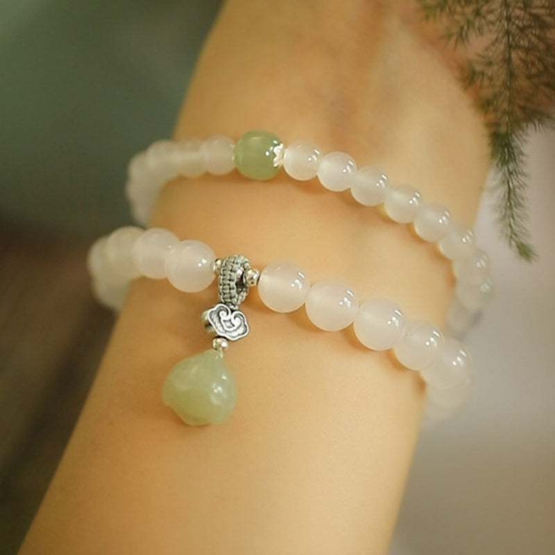 White Agate Jade Lotus Protection Bracelet