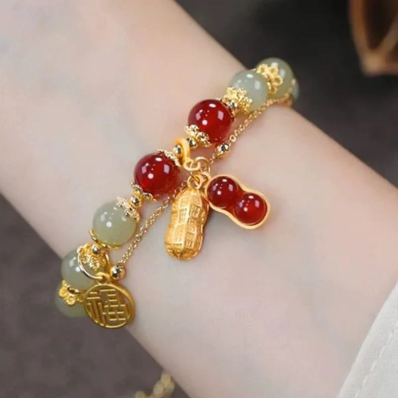 Buddha Stones Jade Leaf Ginkgo Tulip Peanut Fu Character Luck Beaded Bracelet