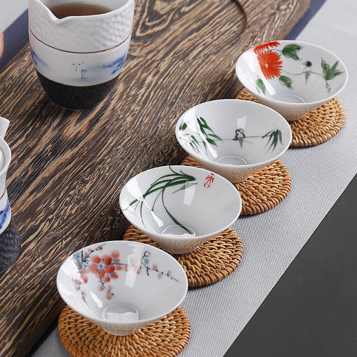 Buddha Stones Vintage Plum Orchid Bamboo Chrysanthemum Lotus Koi Fish Ceramic Teacup Kung Fu Tea Cups