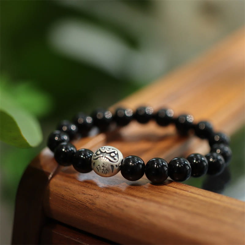 Buddha Stones 925 Sterling Silver Black Onyx Bead Character Engraved Protection Bracelet