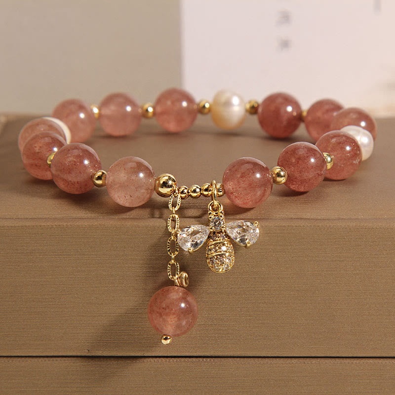 Buddha Stones Strawberry Quartz Pearl Cute Zircon Honeybee Positive Charm Bracelet