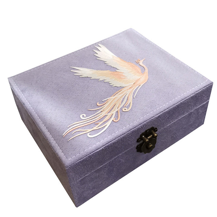 Buddha Stones Purple Phoenix Jewelry Box Organizer Two-Layer Jewelry Storage Box Flannel Box