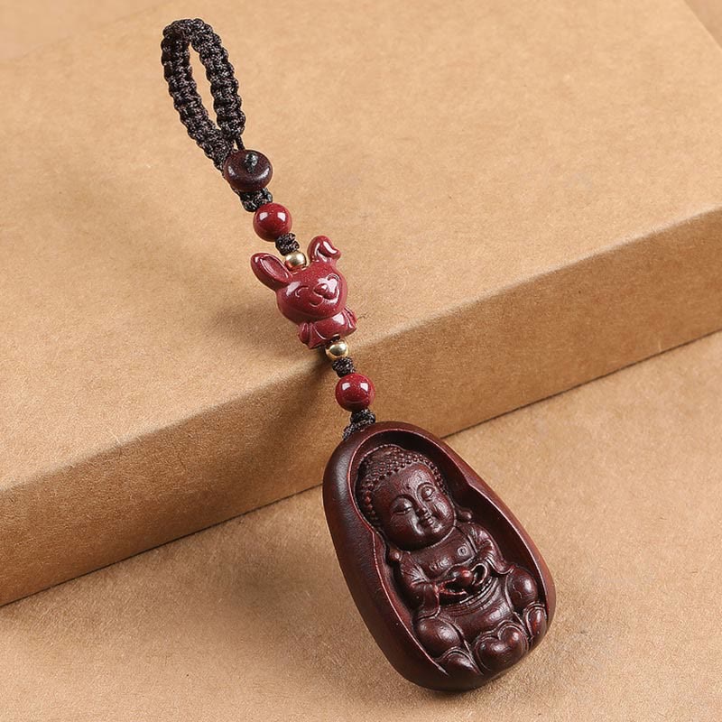 Buddha Stones Small Leaf Red Sandalwood Buddha Cinnabar Chinese Zodiac Amulet Protection Key Chain