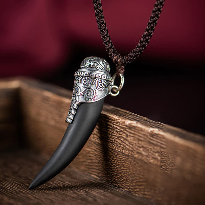 925 Sterling Silver Black Obsidian Wolf Tooth Pattern Strength Necklace Pendant