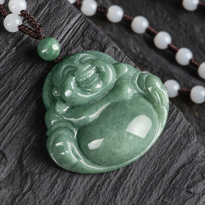 Laughing Buddha Cyan Jade Harmony Necklace String Bead Pendant