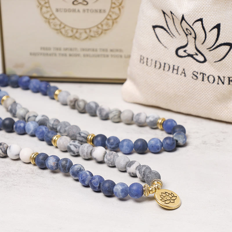 Buddha Stones 108 Natural Picasso Jasper & Blue Stone Mala Bead Lotus Pendant Bracelet