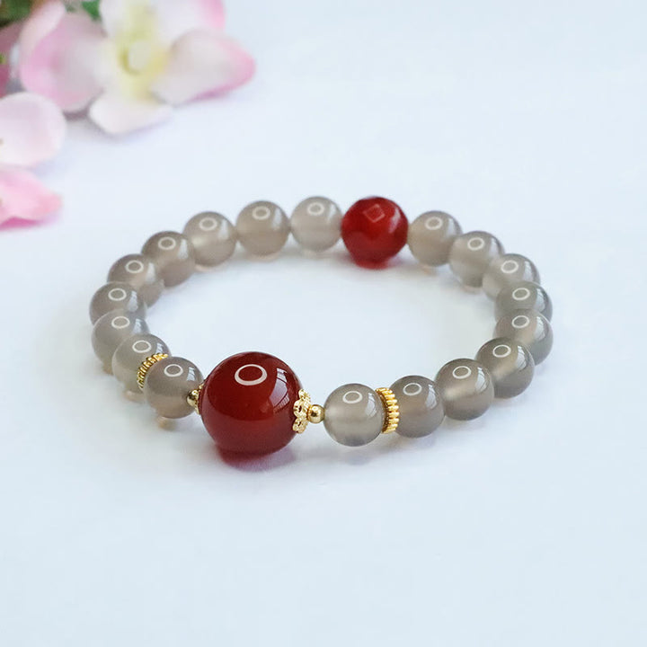 Buddha Stones Natural Gray Chalcedony Red Agate Harmony Bracelet