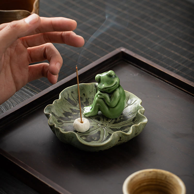 Buddha Stones Leaf Meditation Frog Pattern Healing Ceramic Incense Burner Decoration