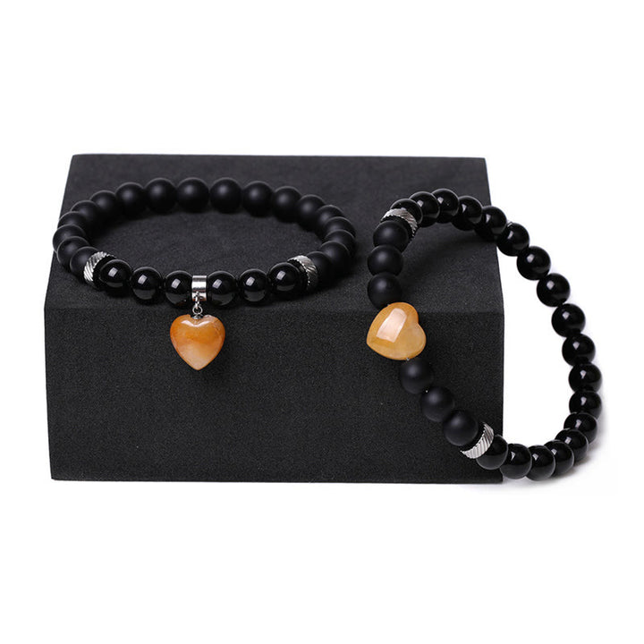 Buddha Stones 2Pcs Black Onyx Crystal Stone Love Heart Protection Support Couple Bracelet