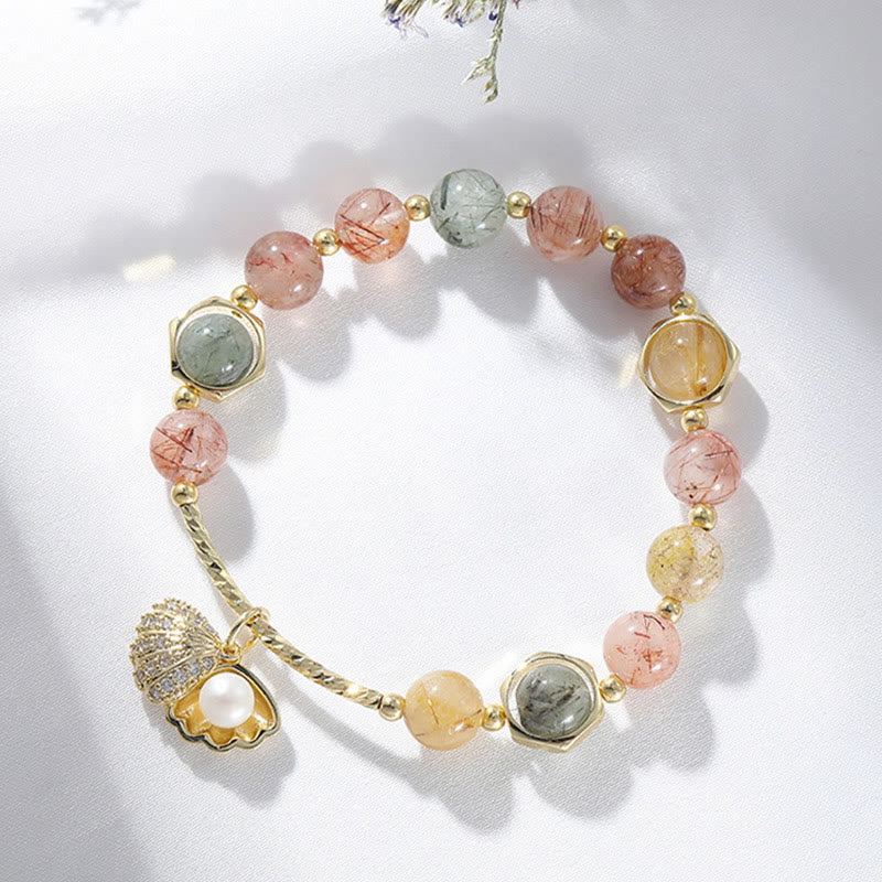 Buddha Stones Natural Colorful Rutilated Quartz Shell Protection Bead Bracelet