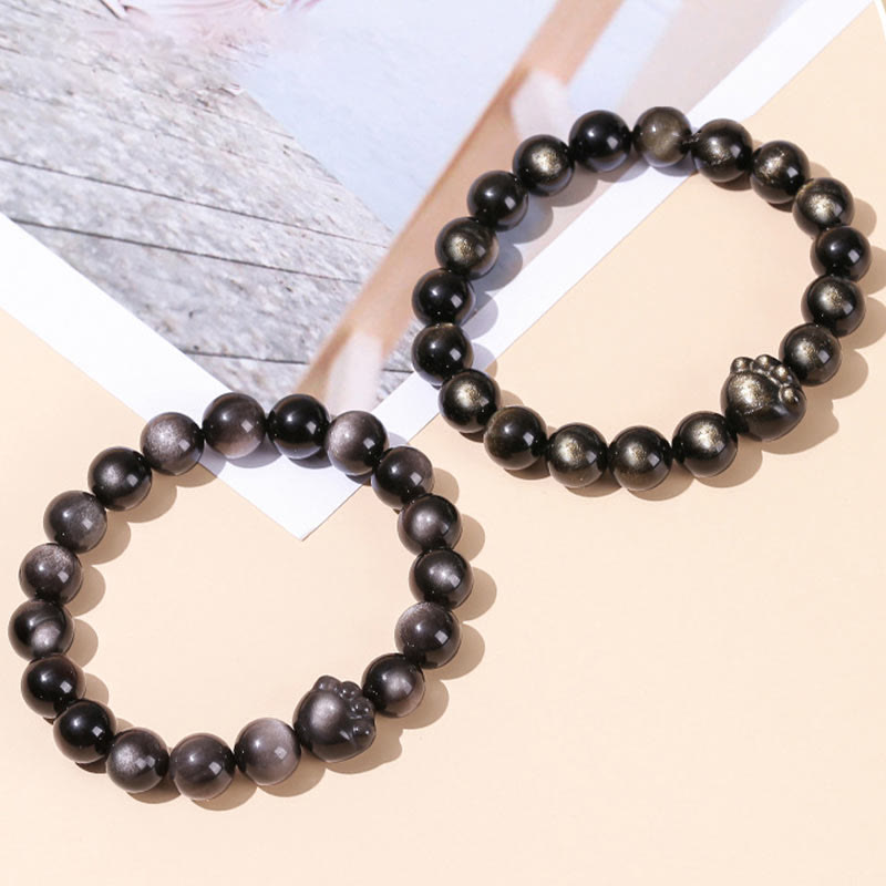 Buddha Stones Natural Gold Sheen Obsidian Silver Sheen Obsidian Cute Cat Paw Claw Wealth Bracelet