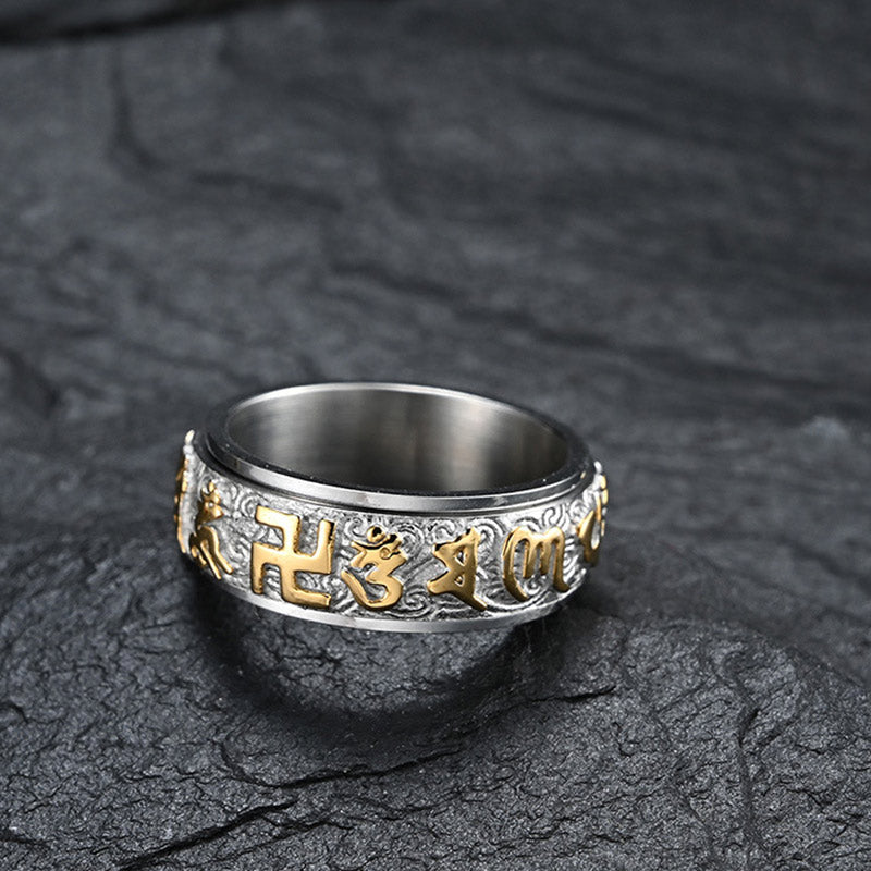 Buddha Stones Six True Words Balance Calm Titanium Steel Ring