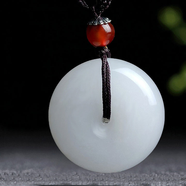 Round Hetian White Jade Peace Buckle Blessing Necklace Pendant