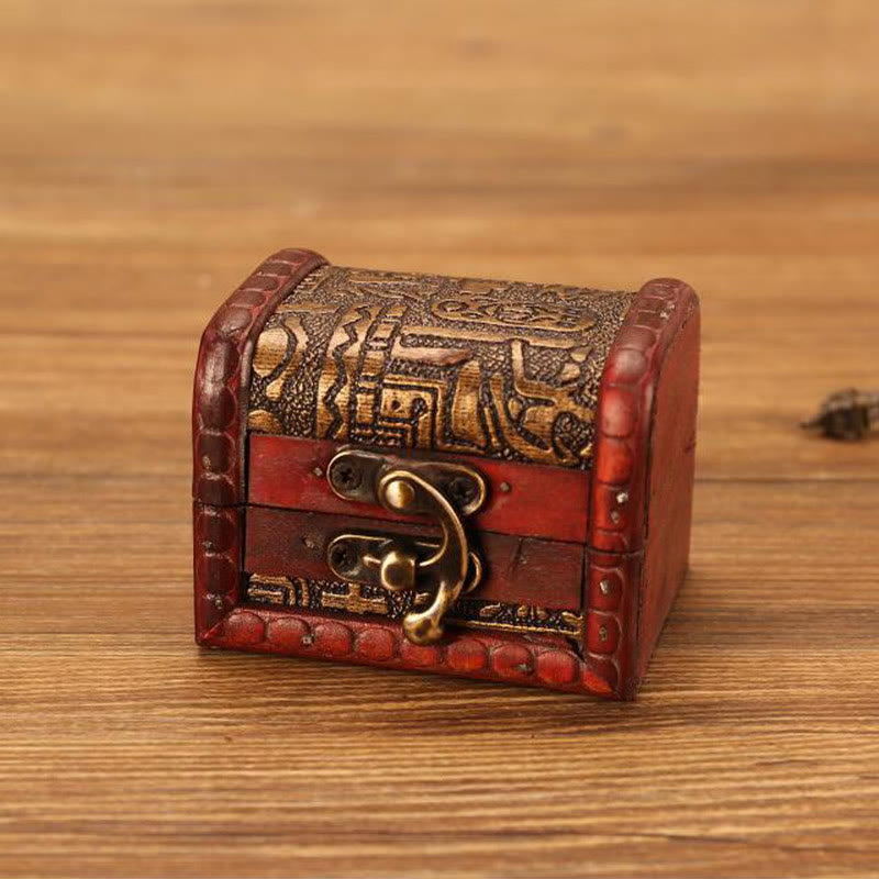 Buddha Stones Retro Small Wood Jewelry Box Lotus Golden Grape Copper Coin Daffodil Grass Flower Jewelry Storage Box