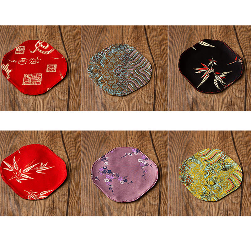 Buddha Stones Sea Wave Bamboo Plum Blossom Brocade Embroidery Cup Mat Pad Tea Cup Coaster Kung Fu Tea Mat