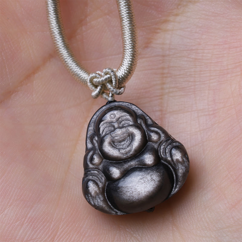 Buddha Stones Natural Silver Sheen Obsidian Laughing Buddha Protection Necklace Pendant