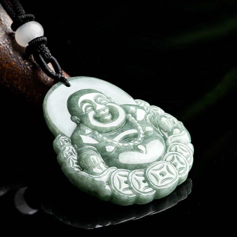 Buddha Stones Laughing Buddha Natural Jade Copper Coin Abundance Necklace Pendant