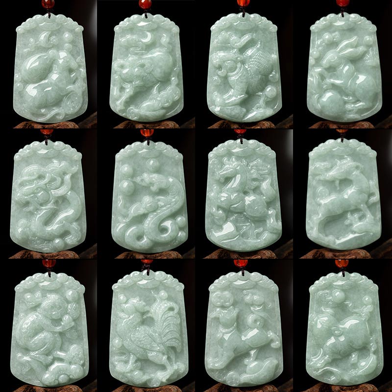 Buddha Stones Natural Jade 12 Chinese Zodiac Abundance Amulet Pendant Necklace