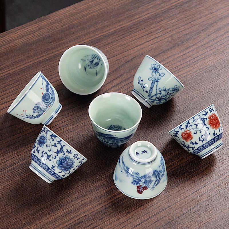 Buddha Stones Blue Landscape Mountains Lotus Cute Cat Pavilions Magnolia Reed Egrets Ceramic Teacup Small Kung Fu Tea Cup