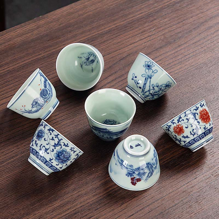 Buddha Stones Blue Landscape Mountains Lotus Cute Cat Pavilions Magnolia Reed Egrets Ceramic Teacup Small Kung Fu Tea Cup