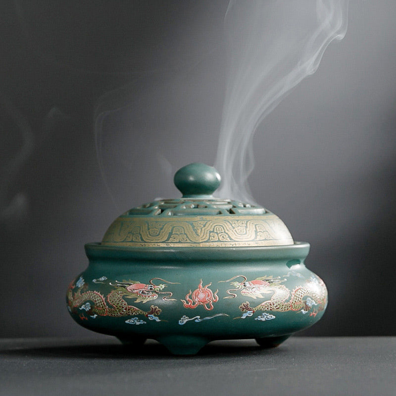 Dragon Floral Pattern Backflow Smoke Fountain Ceramic Meditation Incense Burner Decoration