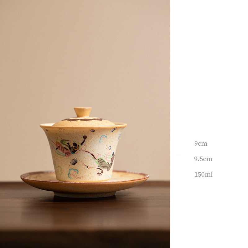 Buddha Stones Dunhuang Color Thousand Buddhas Flying Apsaras Pattern Gaiwan Teacup Kung Fu Tea Cup With Lid