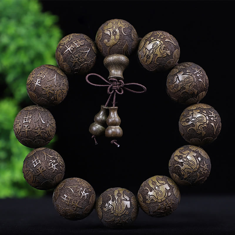 Buddha Stones Chinese Zodiac Rosewood Ebony Boxwood Copper Coin PiXiu Carved Warmth Bracelet