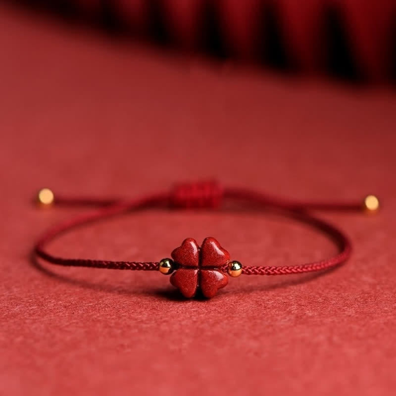 Buddha Stones Natural Cinnabar Four Leaf Clover Blessing Red String Bracelet Anklet