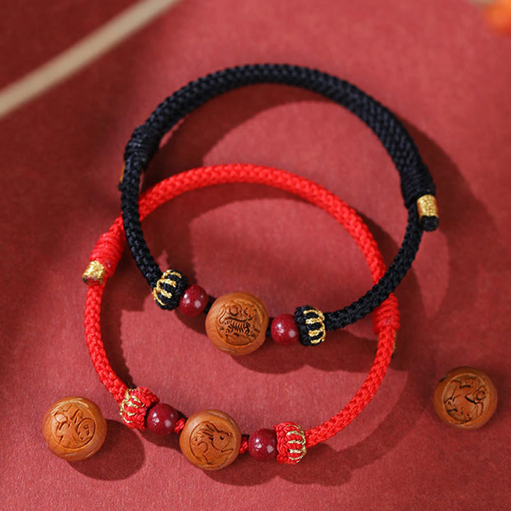 Buddha Stones Natural Peach Wood Chinese Zodiac Fu Character Carved Cinnabar Wealth Bracelet