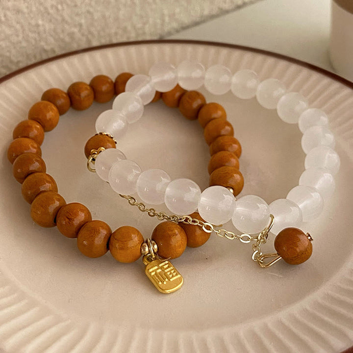 Buddha Stones Sandalwood Cat's Eye Fu Character Charm Protection Bracelet