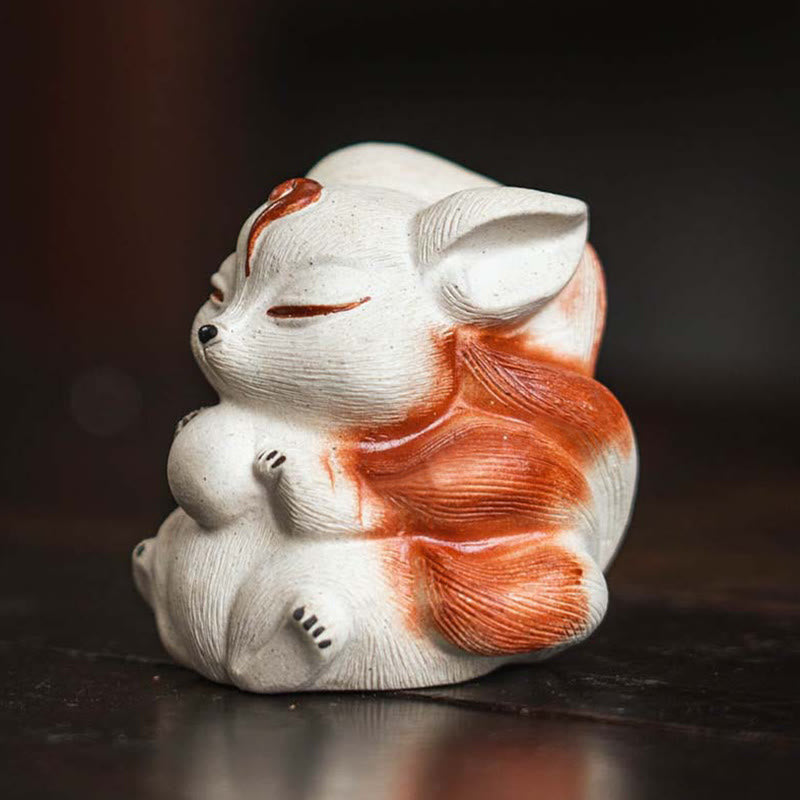 Buddha Stones Mini Nine-Tailed Fox Purple Clay Luck Desk Decoration