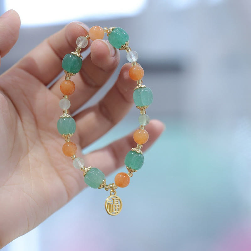 Buddha Stones Natural Golden Silk Jade Pumpkin Bead Fu Character Charm Wealth Bracelet