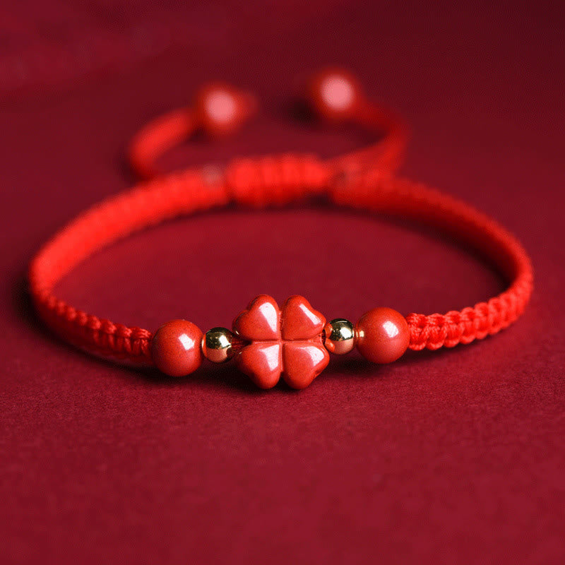 Buddha Stones Four Leaf Clover Five-petal Flower Cinnabar Blessing Red String Bracelet