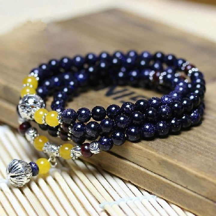 Buddha Stones Blue Sandstone Wealth Charm Bracelet Mala