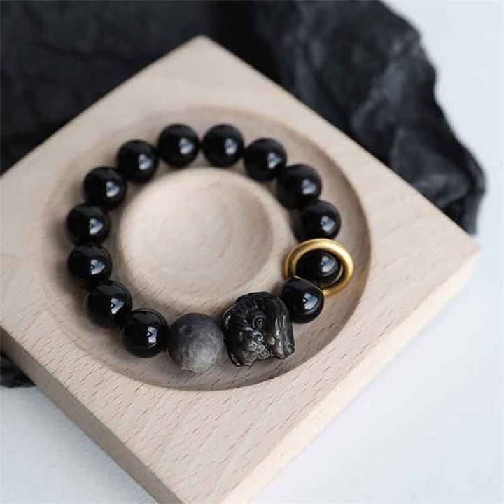 Black Obsidian Silver Sheen Obsidian Lion Strength Bracelet