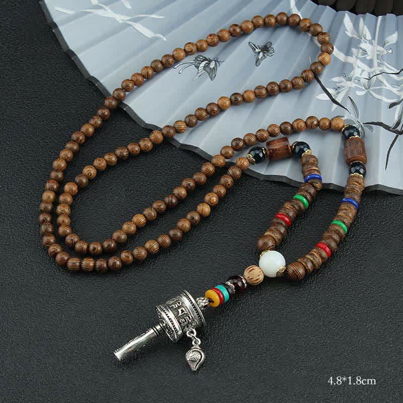 Buddha Stones Tibetan Om Mani Padme Hum Prayer Wheel Rotation Vajra Wood Necklace Pendant