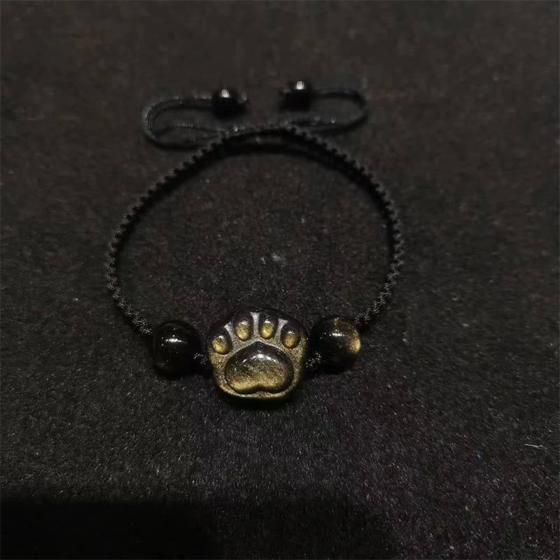 Buddha Stones Natural Silver Sheen Obsidian Gold Sheen Obsidian Cute Cat Paw Claw Protection Rope Bracelet