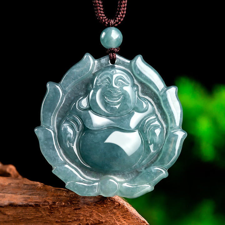 Buddha Stones Natural Jade Laughing Buddha Lotus Pattern Luck Necklace Pendant