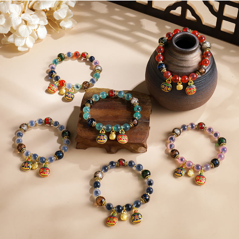 Buddha Stones Colorful Candy Agate Gold Swallowing Beast Family Liuli Glass Bead Strength Bracelet