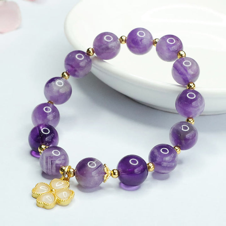 Buddha Stones Natural Amethyst Crystal Inner Peace Four Leaf Clover Charm Bracelet