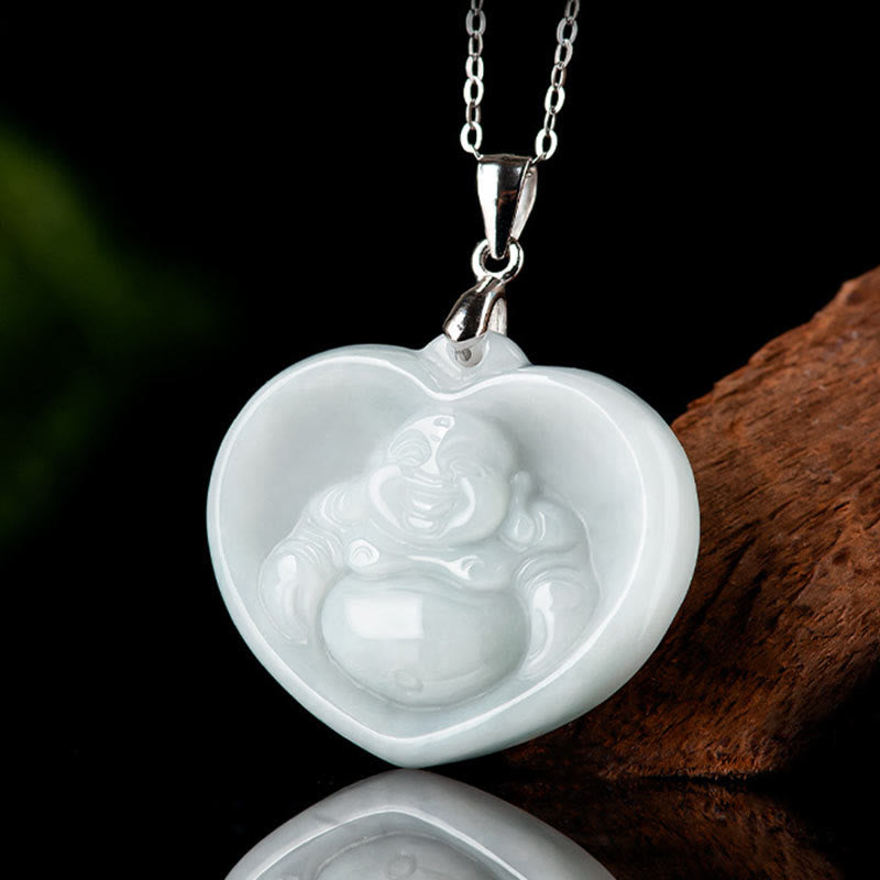 Buddha Stones 925 Sterling Silver Laughing Buddha White Jade Luck Blessing Necklace Pendant