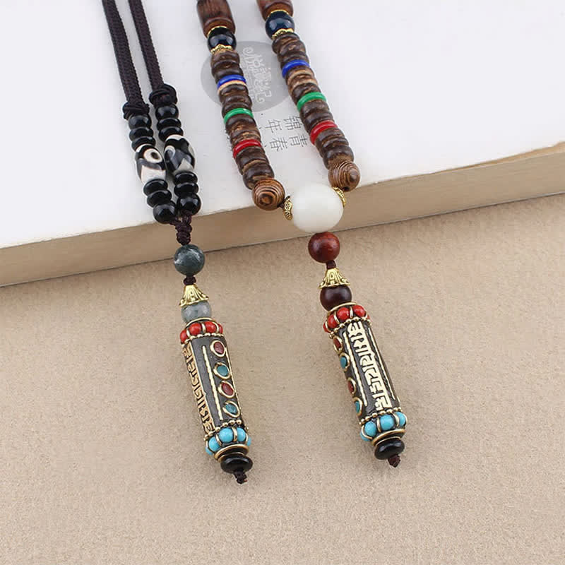 Buddha Stones Tibetan Om Mani Padme Hum Dzi Bead Wenge Wood Necklace Pendant