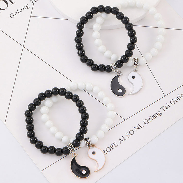 Buddha Stones 2Pcs Black Onyx White Turquoise Bead Yin Yang Protection Couple Bracelet