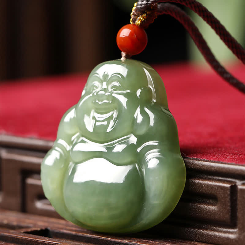 Laughing Buddha Hetian Jade Abundance Necklace String Pendant