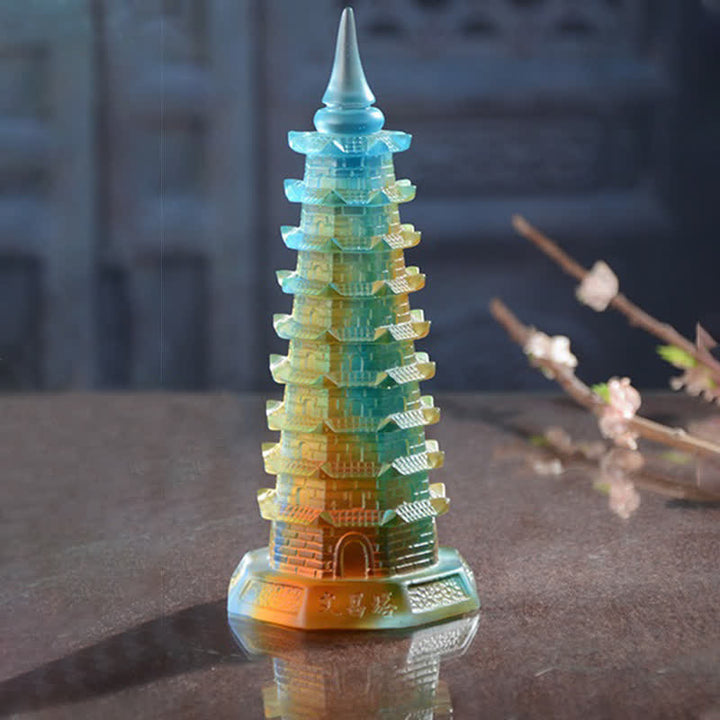 Feng Shui Wenchang Tower Handmade Liuli Crystal Pagoda Art Piece Luck Home Office Decoration