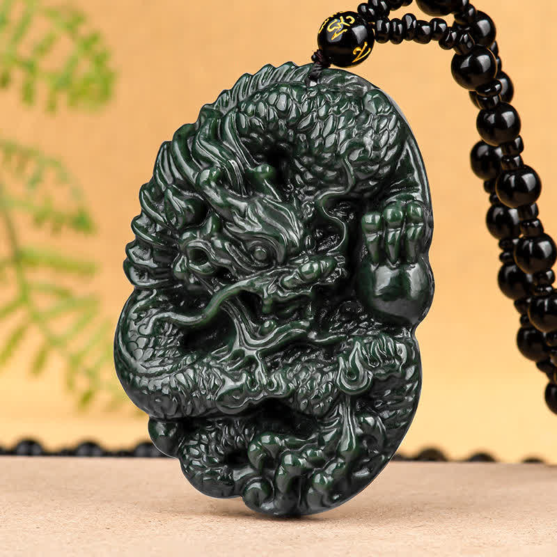 Buddha Stones Hetian Cyan Jade Dragon Success Harmony Necklace Beaded String Pendant