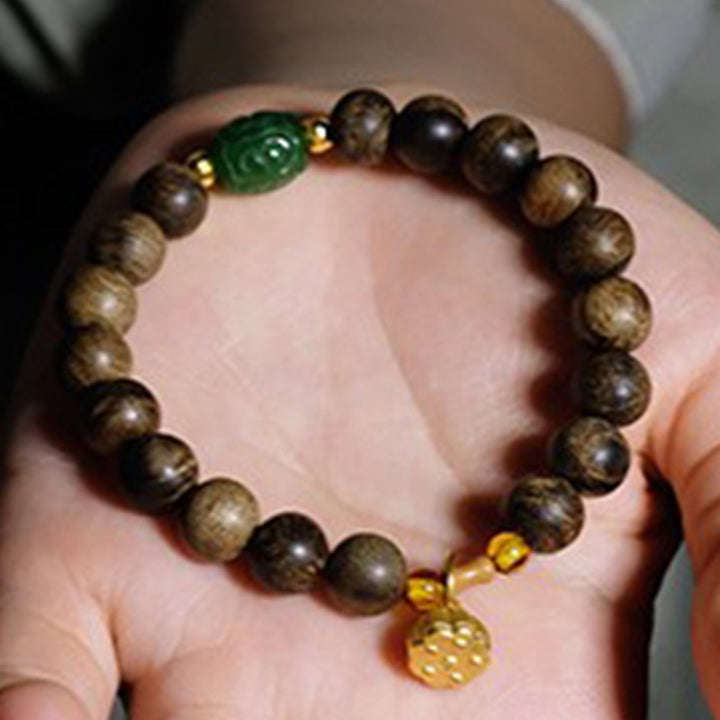 Buddha Stones 999 Gold Brunei Agarwood Cyan Jade Lotus Flower Peace Strength Bracelet