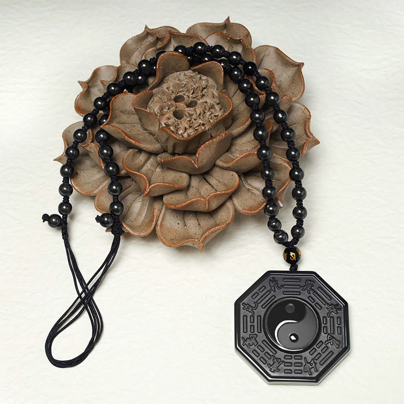 Buddha Stones Black Obsidian Stone Yin Yang Pendant Necklace