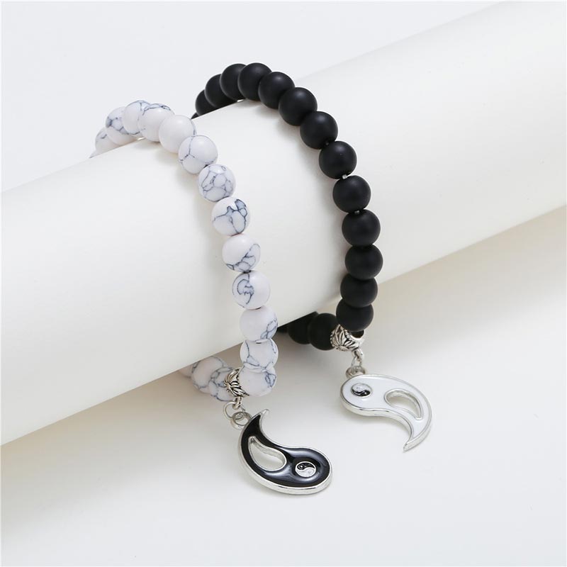 Buddha Stones 2pcs Natural Black Onyx White Turquoise Bead Yin Yang Couple Bracelet