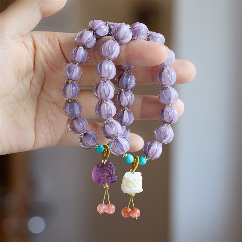 Buddha Stones Liuli Glass Bead Lotus Design Fluorite Ivory Fruit Dancing Lion Charm Enlightenment Bracelet